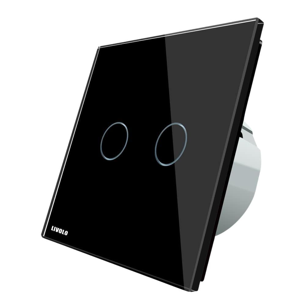 Intrerupator dublu cu revenire (reset) Livolo cu touch din sticla, negru, VL-C702H-12