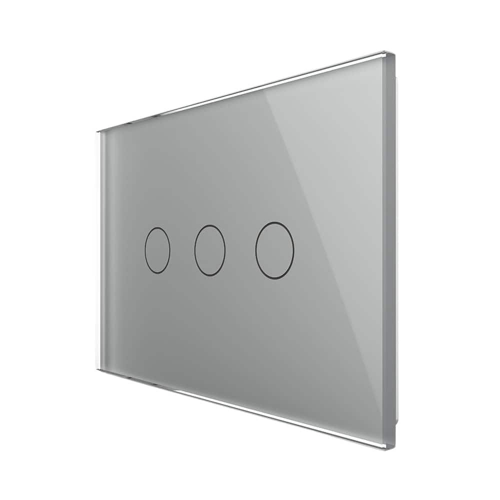 Intrerupator triplu cap scara/cruce wireless cu touch Livolo din sticla - standard italian, gri, VL-FC3SR-3G-15