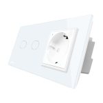 Intrerupator dublu cap scara / cap cruce, ZigBee + priza simpla Livolo ZigBee, rama din sticla, Control de pe telefon, alb, VL-C702SZ/C7-C1EUZ-11