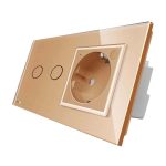 Intrerupator dublu cap scara / cap cruce, ZigBee + priza simpla Livolo ZigBee, rama din sticla, Control de pe telefon, auriu, VL-C702SZ/C7-C1EUZ-13