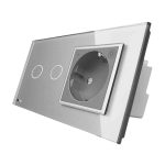 Intrerupator dublu cap scara / cap cruce, ZigBee + priza simpla Livolo ZigBee, rama din sticla, Control de pe telefon, gri, VL-C702SZ/C7-C1EUZ-15