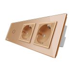 Intrerupator LIVOLO simplu ZigBee cap scara / cap cruce cu touch si 2 prize ZigBee din sticla, Control de pe telefon, auriu, VL-C701SZ/C7-C2EUZ-13
