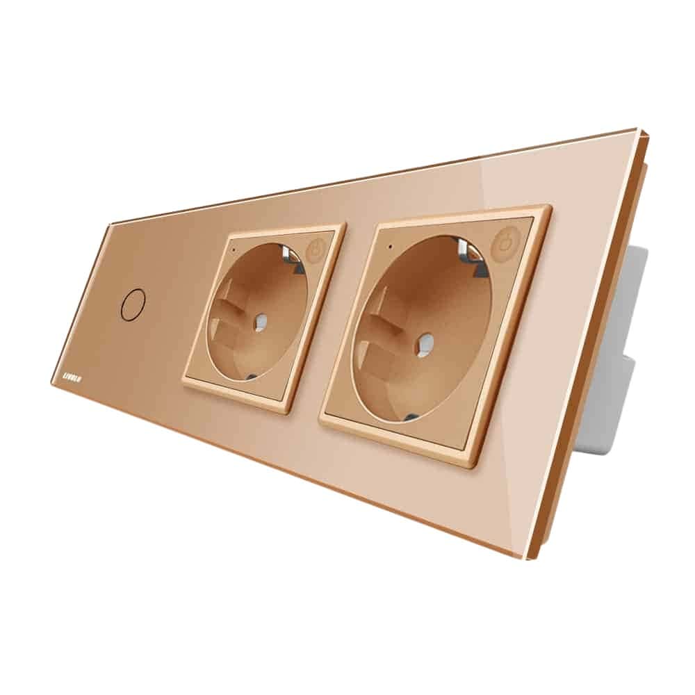 Intrerupator LIVOLO simplu ZigBee cap scara / cap cruce cu touch si 2 prize ZigBee din sticla, Control de pe telefon, auriu, VL-C701SZ/C7-C2EUZ-13