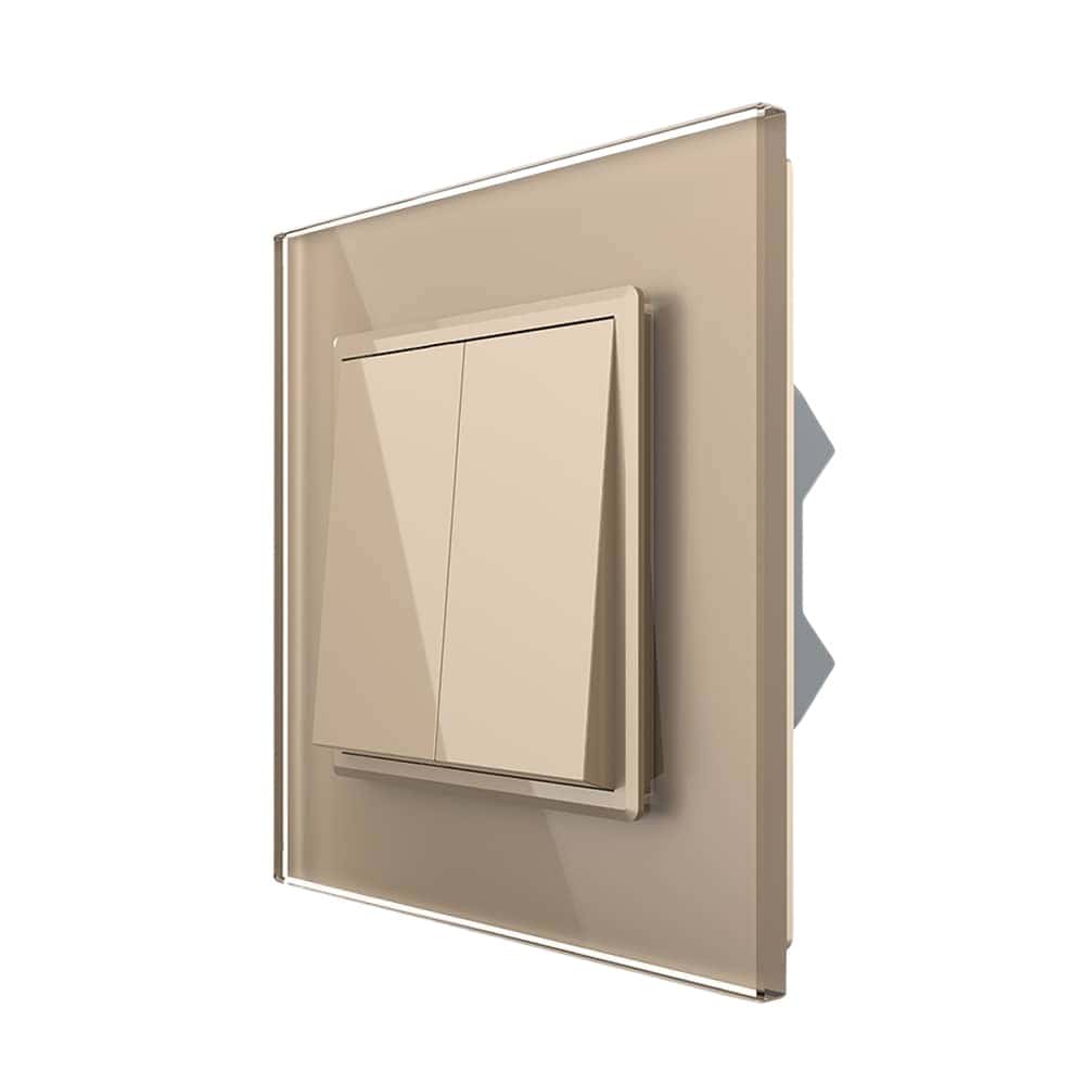 Intrerupator Dublu Mecanic Cap Cruce LIVOLO cu Rama din Sticla - Serie Noua, auriu, VL-2FCMM10A-A