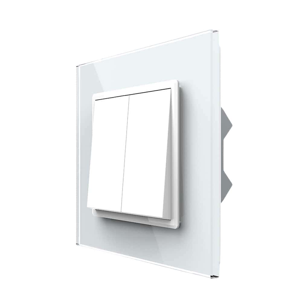 Intrerupator Dublu Mecanic Cap Cruce LIVOLO cu Rama din Sticla - Serie Noua, alb, VL-2FCMM10A-W