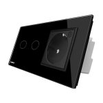 Intrerupator dublu ZigBee + priza simpla ZigBee Livolo, rama din sticla, Control de pe telefon, negru, VL-C702Z/C7-C1EUZ-12