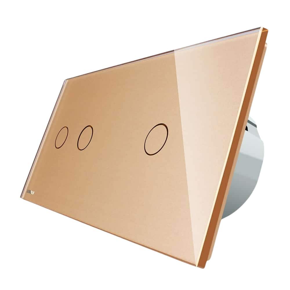 Intrerupator dublu + simplu cu touch Livolo din sticla, Protocol ZigBee, Control de pe telefon, auriu, VL-C702Z/C701Z-13