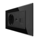 Priza Dubla Livolo cu Rama din Sticla 1 Priza Schuko+TV/internet, Standard Italian - Serie Noua, negru, VL-C9-C2EU/VC-12