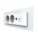 Priza Tripla cu Blank Livolo cu Rama din Sticla 2 Prize Schuko+TV/internet, Standard Italian - Serie Noua, alb, VL-C9-C3EU/VC-11