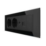 Priza Tripla cu Blank Livolo cu Rama din Sticla 2 Prize Schuko+TV/internet, Standard Italian - Serie Noua, negru, VL-C9-C3EU/VC-12
