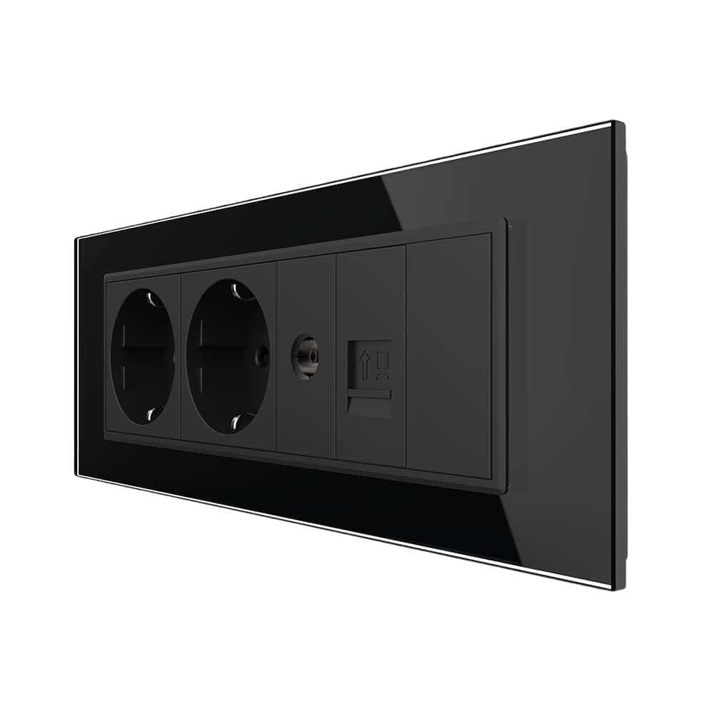 Priza Tripla cu Blank Livolo cu Rama din Sticla 2 Prize Schuko+TV/internet, Standard Italian - Serie Noua, negru, VL-C9-C3EU/VC-12