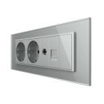 Priza Tripla cu Blank Livolo cu Rama din Sticla 2 Prize Schuko+TV/internet, Standard Italian - Serie Noua, gri, VL-C9-C3EU/VC-15