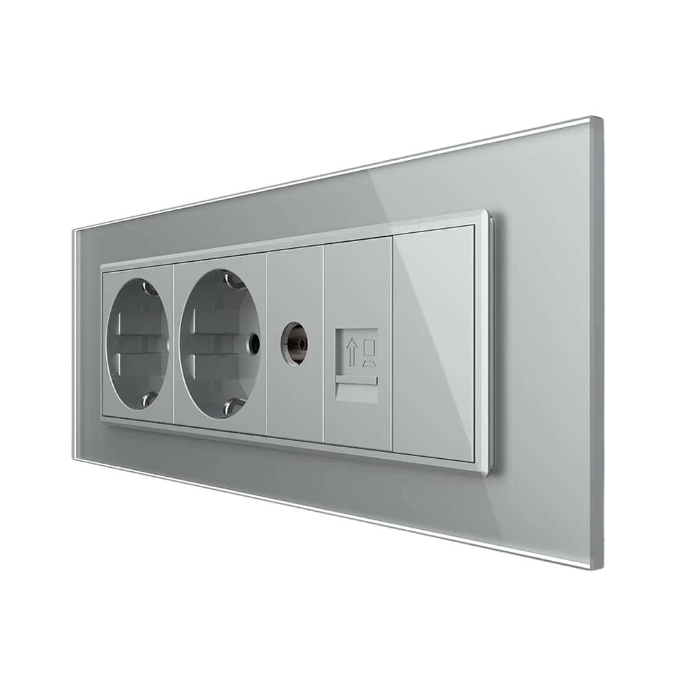 Priza Tripla cu Blank Livolo cu Rama din Sticla 2 Prize Schuko+TV/internet, Standard Italian - Serie Noua, gri, VL-C9-C3EU/VC-15