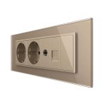 Priza Tripla cu Blank Livolo cu Rama din Sticla 2 Prize Schuko+TV/internet, Standard Italian - Serie Noua, auriu, VL-C9-C3EU/VC-13