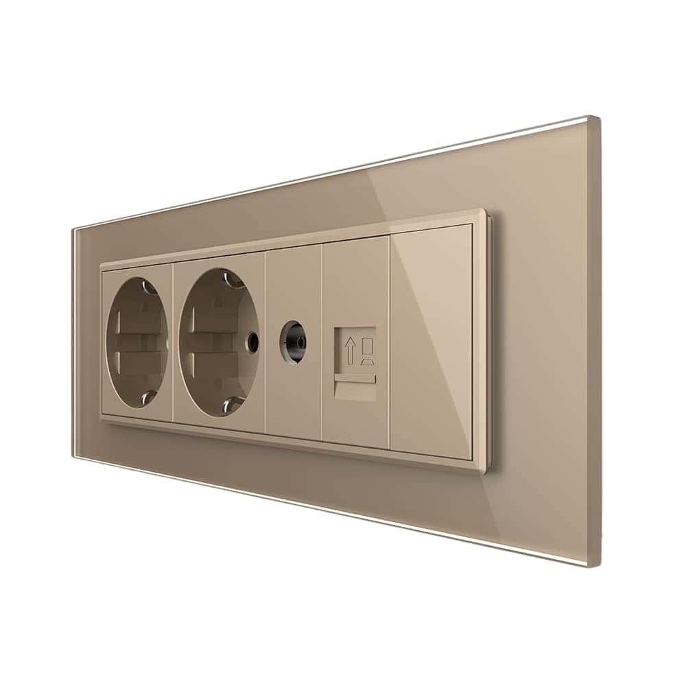 Priza Tripla cu Blank Livolo cu Rama din Sticla 2 Prize Schuko+TV/internet, Standard Italian - Serie Noua, auriu, VL-C9-C3EU/VC-13