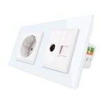 Priza dubla Livolo cu rama din sticla 1 priza Schuko+TV/internet, alb, VL-C7C2EU/VC-11