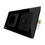 Priza dubla Livolo cu rama din sticla 1 priza Schuko+TV/internet, negru, VL-C7C2EU/VC-12