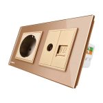 Priza dubla Livolo cu rama din sticla 1 priza Schuko+TV/internet, auriu, VL-C7C2EU/VC-13