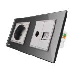 Priza dubla Livolo cu rama din sticla 1 priza Schuko+TV/internet, gri, VL-C7C2EU/VC-15