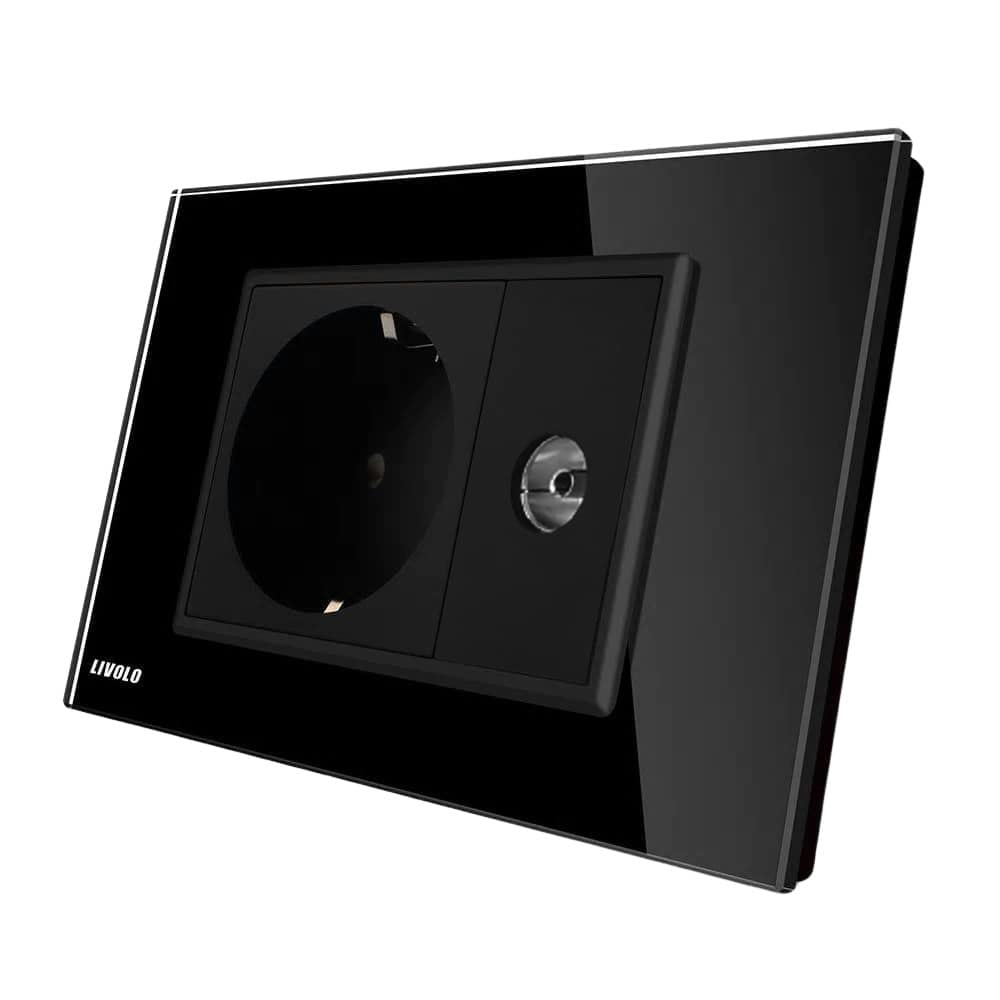 Priza simpla din rama de sticla Schuko cu TV Livolo, negru, VL-C9C1EU1V-12