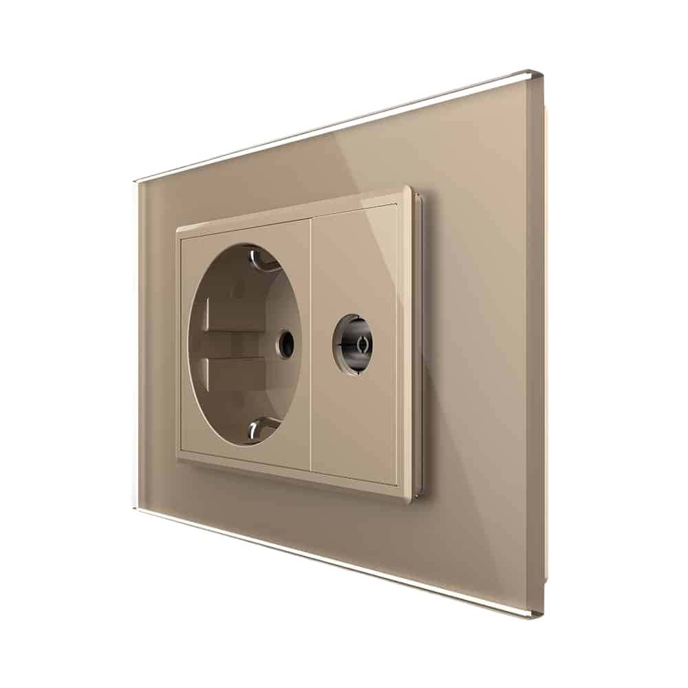 Priza simpla din rama de sticla Schuko cu TV Livolo, auriu, VL-C9C1EU1V-13