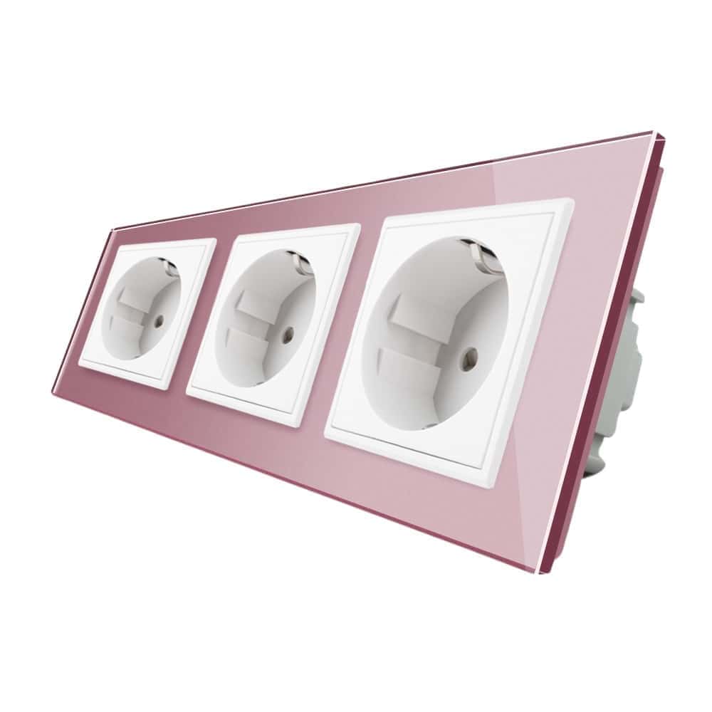 Priza tripla Livolo cu rama din sticla, roz, VL-C7C3EU-17