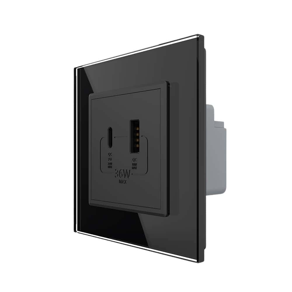 Priza USB-A + USB-C cu Rama Din Sticla LIVOLO - Serie Noua, negru, VL-FCUA18W.UC18W-2BP-12