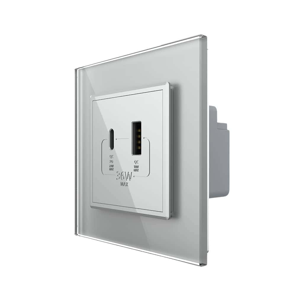 Priza USB-A + USB-C cu Rama Din Sticla LIVOLO - Serie Noua, gri, VL-FCUA18W.UC18W-2IP-15