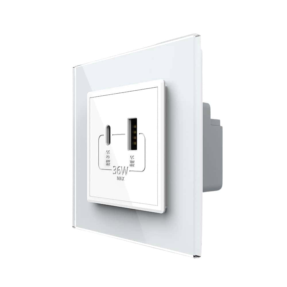 Priza USB-A + USB-C cu Rama Din Sticla LIVOLO - Serie Noua, alb, VL-FCUA18W.UC18W-2WP-11