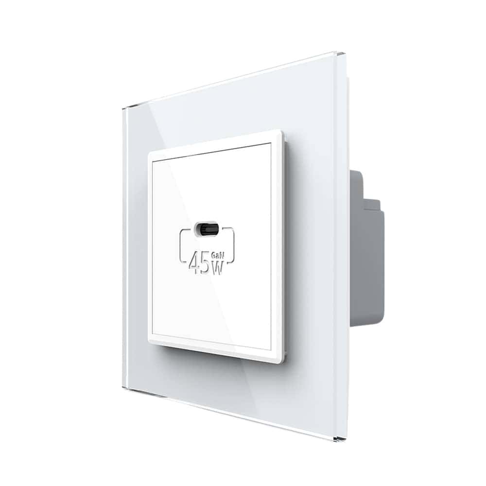 Priza USB Tip C Livolo cu Rama din Sticla, alb, VL-FCUC-2WP-11