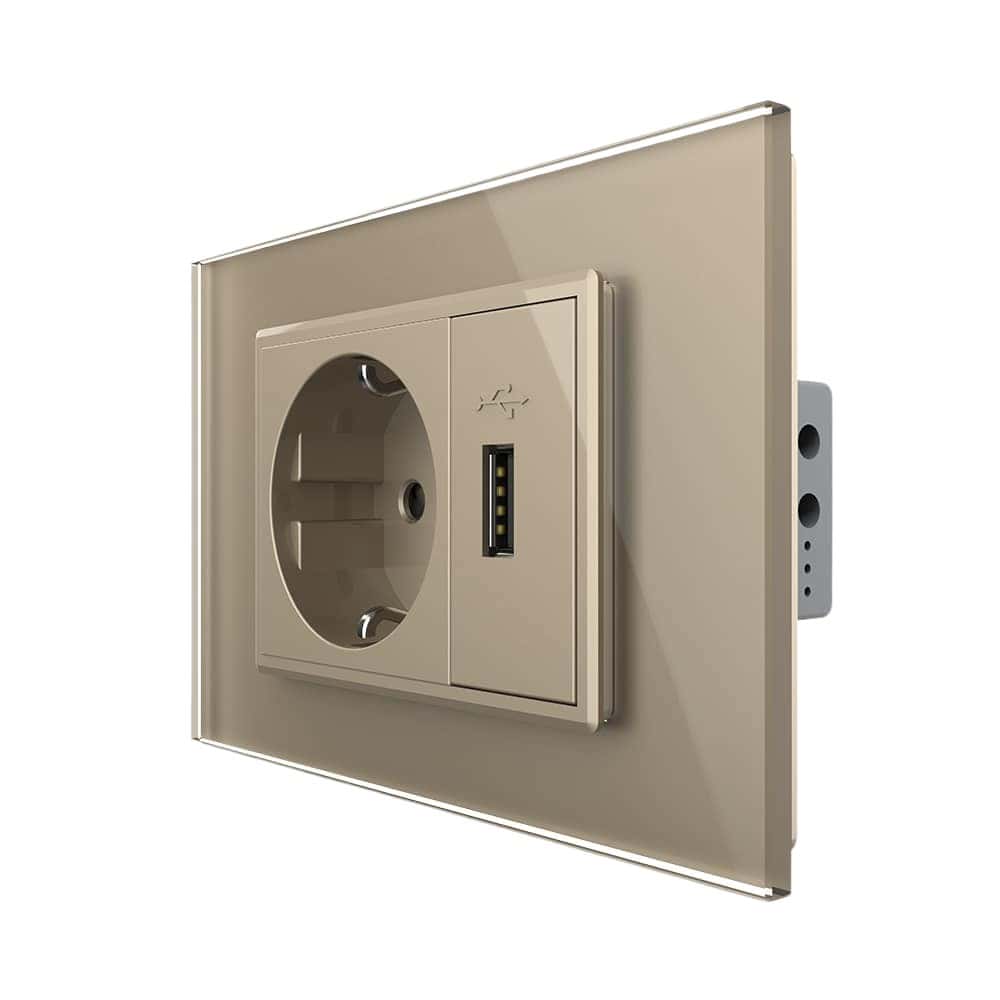 Priza simpla cu USB Livolo standard italian, auriu, VL-C9C1EU1U-13