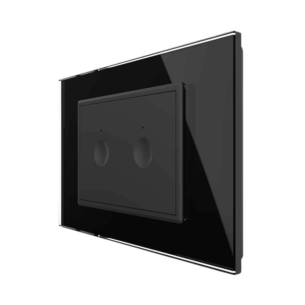 Intrerupator dublu cap scara / cap cruce cu touch Livolo cu rama din sticla, standard Italian, protocol ZigBee - Serie noua, negru, VL-FC2SZ-3BP-12