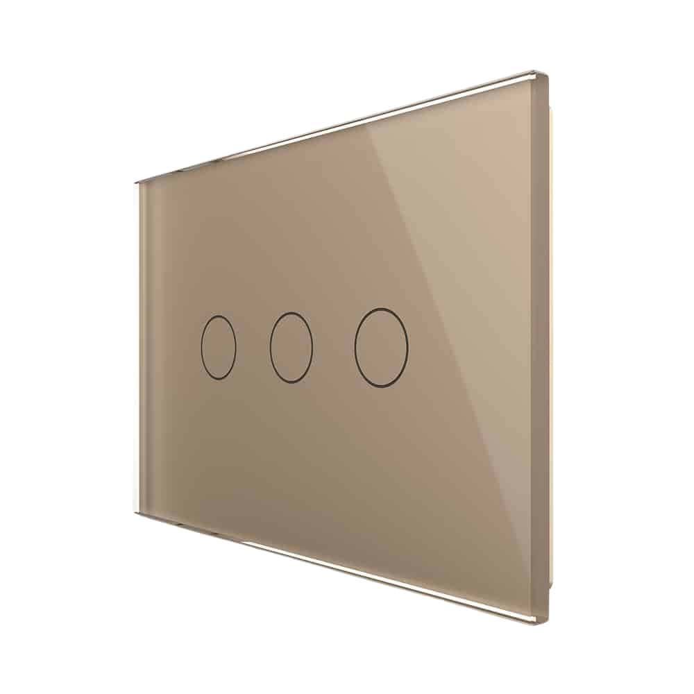 Intrerupator triplu cap scara / cap cruce cu touch Livolo din sticla, standard Italian, protocol ZigBee - Serie noua, auriu, VL-FC3SZ-3G-13