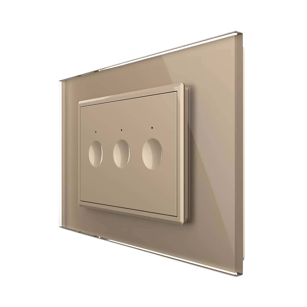 Intrerupator triplu cap scara / cap cruce cu touch Livolo cu rama din sticla, standard Italian - Serie noua, auriu, VL-FC3S-3AP-13