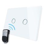 Intrerupator dublu wireless cu touch Livolo din sticla si telecomanda inclusa-standard italian, alb, VL-C2/C902R-81