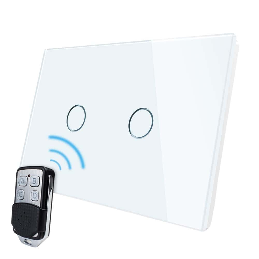 Intrerupator dublu wireless cu touch Livolo din sticla si telecomanda inclusa-standard italian, alb, VL-C2/C902R-81