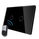 Intrerupator dublu wireless cu touch Livolo din sticla si telecomanda inclusa-standard italian, negru, VL-C2/C902R-82