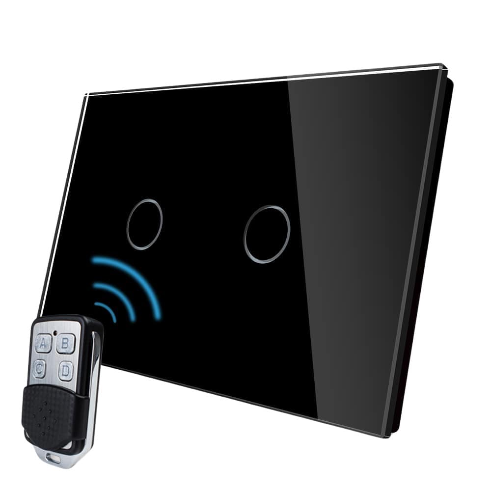 Intrerupator dublu wireless cu touch Livolo din sticla si telecomanda inclusa-standard italian, negru, VL-C2/C902R-82