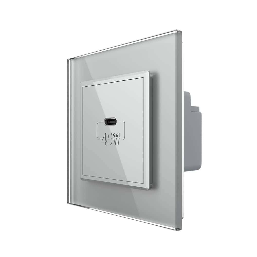 Priza USB Tip C Livolo cu Rama din Sticla, gri, VL-FCUC-2IP-15