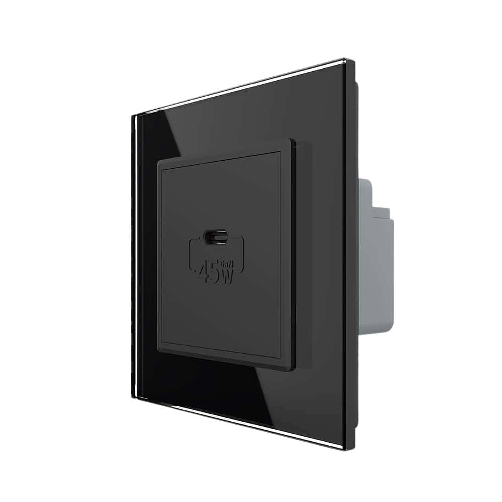 Priza USB Tip C Livolo cu Rama din Sticla, negru, VL-FCUC-2BP-12