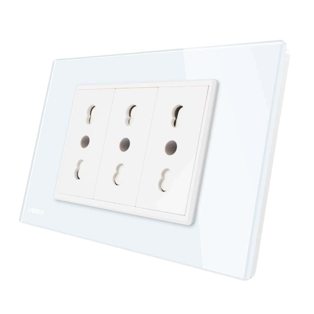 Priza tripla italiana Livolo cu rama din sticla - standard italian, alb, VL-C3C3AIT-81