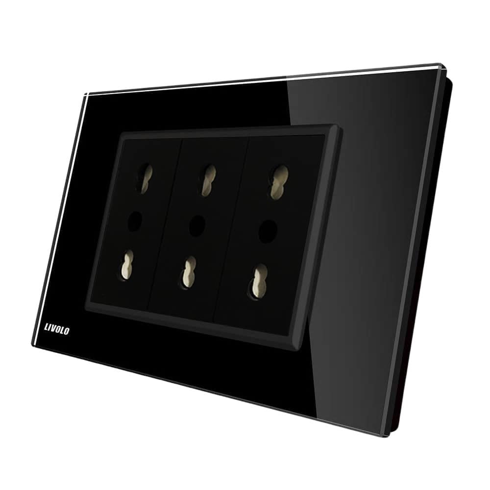 Priza tripla italiana Livolo cu rama din sticla - standard italian, negru, VL-C3C3AIT-82