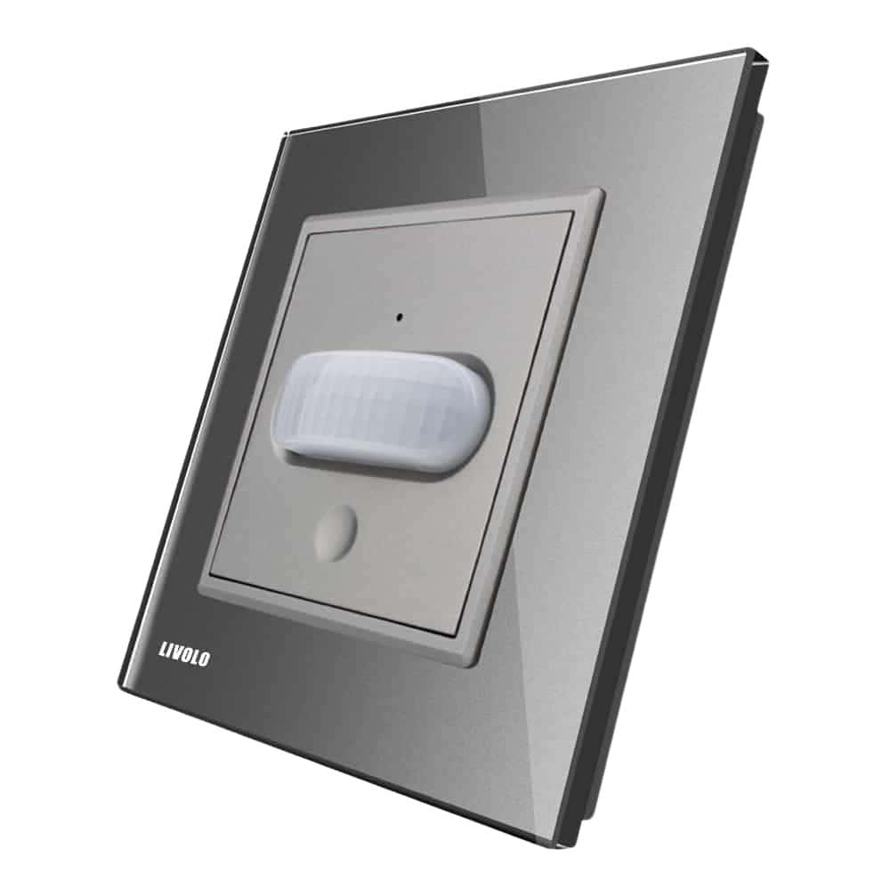 Intrerupator senzor de miscare PIR Livolo cu rama din sticla, gri, VL-FCU-2IP-15