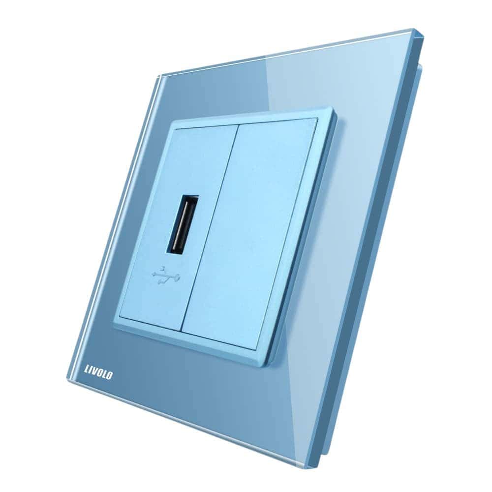 Priza USB Livolo cu rama din sticla, albastru, VL-C791USB-19