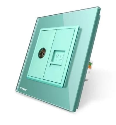 Priza dubla TV + priza internet Livolo cu rama din sticla, verde, VL-C791VC-18