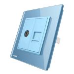 Priza dubla TV + Telefon Livolo cu rama din sticla, albastru, VL-C791VT-19
