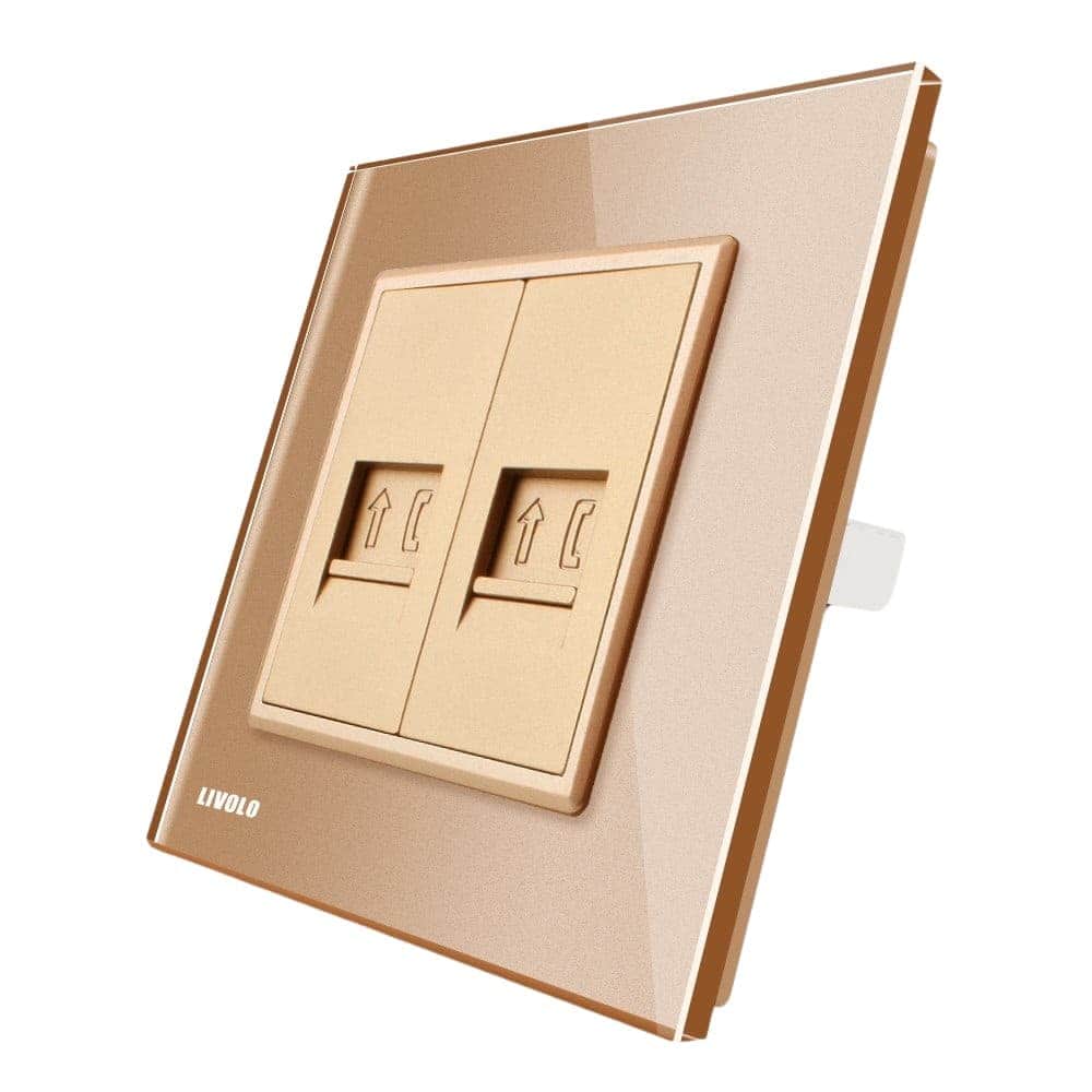 Priza dubla Telefon Livolo cu rama din sticla, auriu, VL-C792T-13