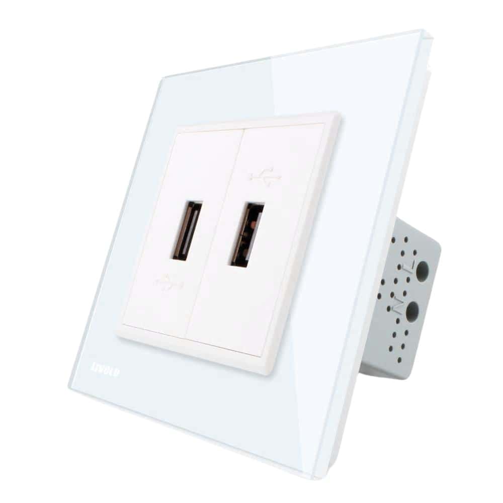 Priza dubla USB Livolo cu rama din sticla, alb, VL-C792USB-11