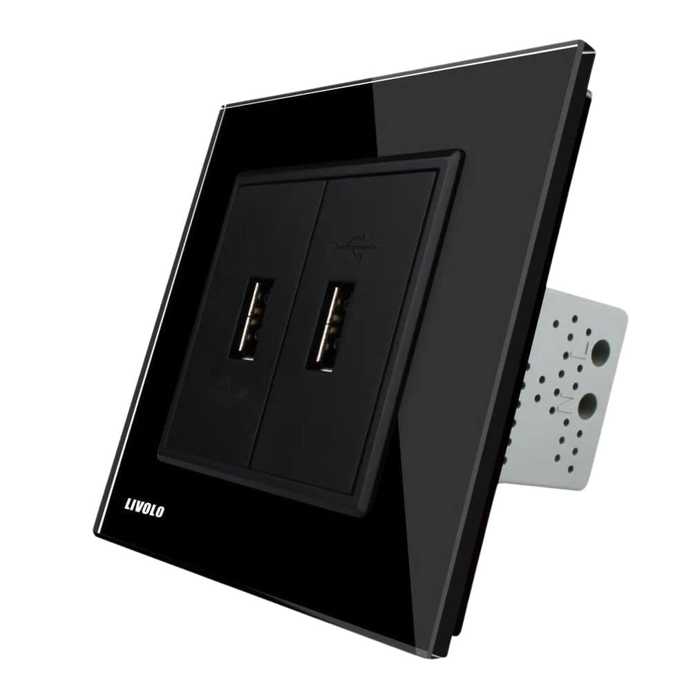 Priza dubla USB Livolo cu rama din sticla, negru, VL-C792USB-12