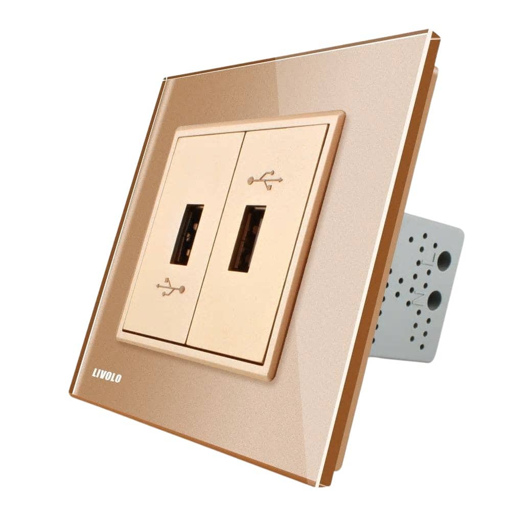 Priza dubla USB Livolo cu rama din sticla, auriu, VL-C792USB-13